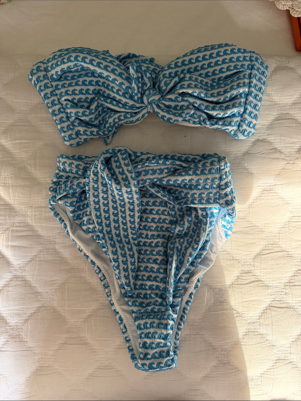 Montce White Bikini with Turquoise Wave Embroidery - Small